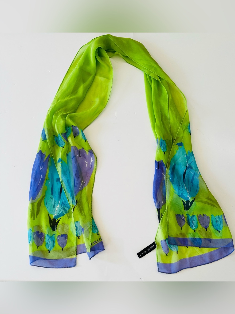 Ellen Tracy Lime Green Scarf with Blue & Teal Floral Print